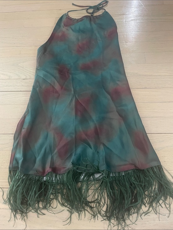 WeWoreWhat Dresses & Skirts - WeWoreWhat Green and Burgundy Tie-Dye Feather Hem Mini Dress